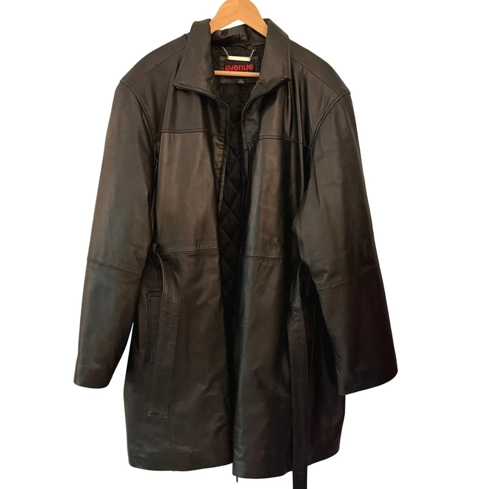 Avenue Leather Jacket Women 26/28 Black Excellent Quilted Lining Belted Coat